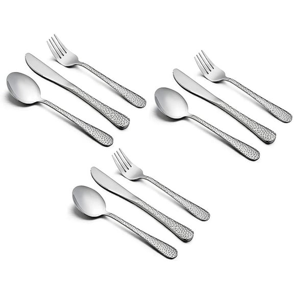 VeSteel 9-Piece Kids Hammered Silverware Set, Stainless Steel Preschooler Eating Flatware Utensils - Silver