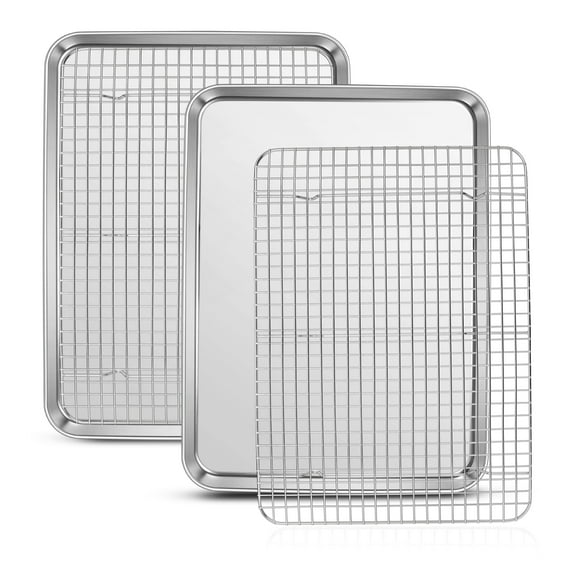 VeSteel Baking Sheets and Racks Set, Stainless Steel Rectangle Baking Sheet Oven Tray and Cooling Grid Rack for Cookies Meats, Size 16 x 12 x 1 Inch