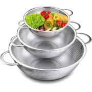 VeSteel Colander Set of 3, Stainless Steel Micro-Perforated Colanders Strainers for Draining Rinsing Washing, Ideal for Pasta Vegetables Fruits, Heavy Duty & Dishwasher Safe - 1/3/5 Quart