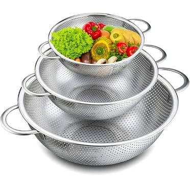 VeSteel Colander Set of 3, Stainless Steel Micro-Perforated Colanders Strainers for Draining Rinsing Washing, Ideal for Pasta Vegetables Fruits, Heavy Duty & Dishwasher Safe - 1/3/5 Quart