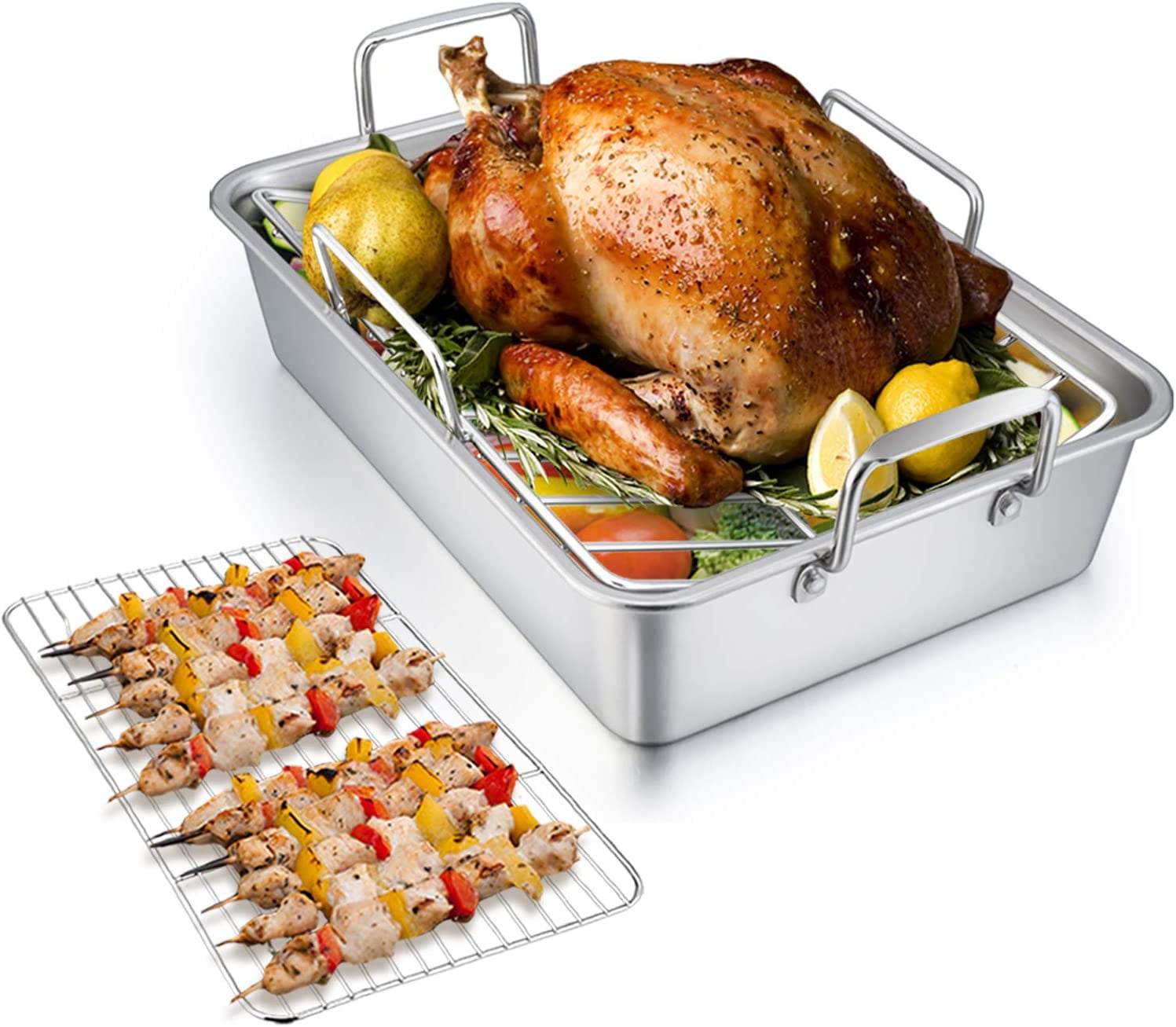 16” Roaster Roasting Pan with Baking Rack and V-shaped Rack, P&P CHEF  Stainless Steel Rectangular Lasagna Pan with Handles for Turkey Chicken,  Heavy