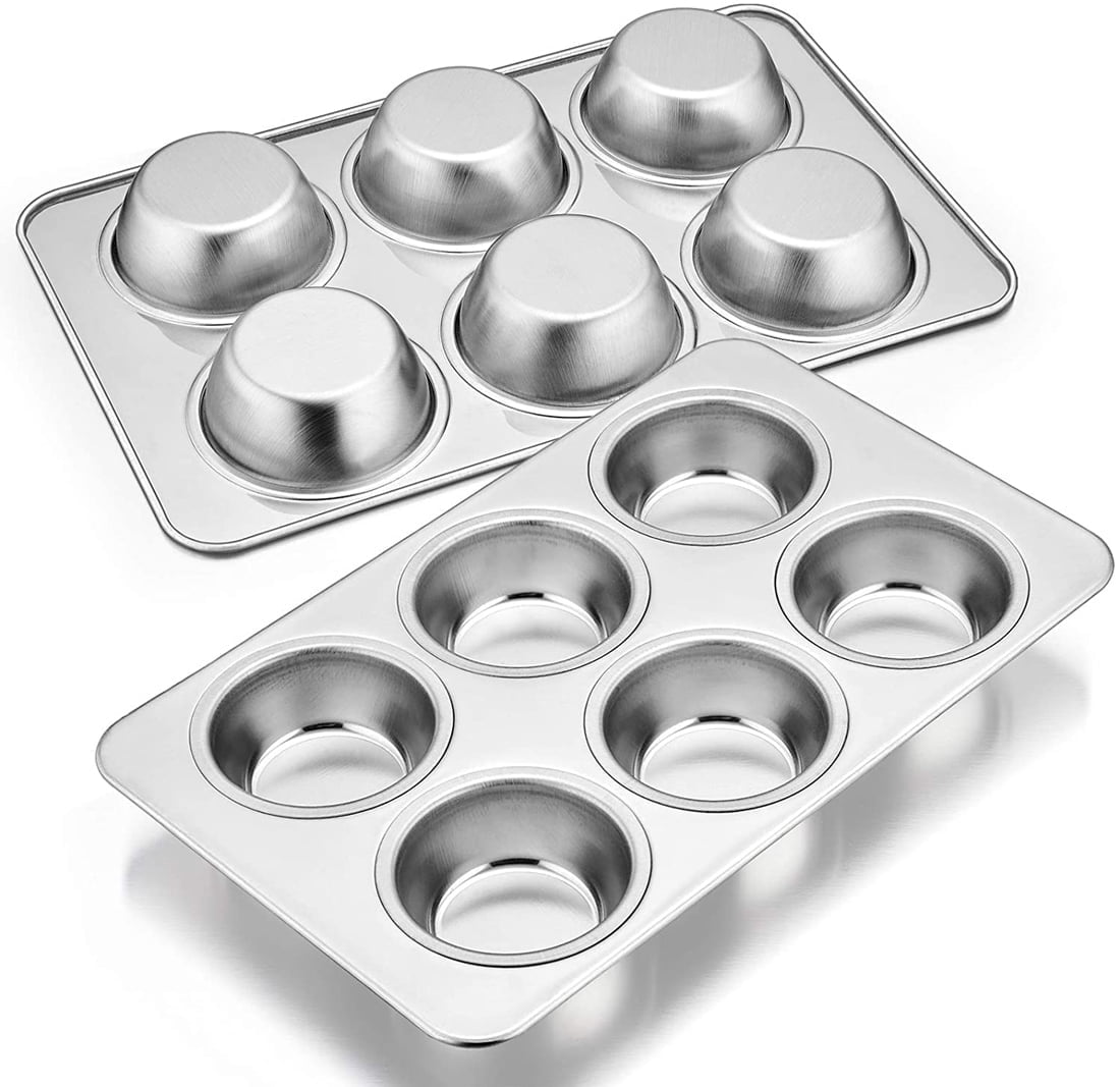 VeSteel Stainless Steel Muffin Pan Set of 2, Metal Cupcake Pan Tray for Baking, Non-Toxic, Dishwasher Safe - 6-Cup