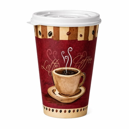 VeZee 10 Oz Disposable Colored Tea&Coffee Cups Printed, Poly Paper Hot Cup with Flat Tear-Back White Lid, for TO-GO Hot/Cold Drink, Coffee,Tea, Hot Chocolate, Chai, Latte & Hot Soup|1000CT