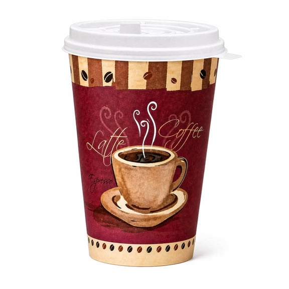 VeZee 16 Oz Disposable Colored Tea&Coffee Cups Printed, Poly Paper Hot Cup with Flat Tear-Back White Lid, for TO-GO Hot/Cold Drink, Coffee,Tea, Hot Chocolate, Chai, Latte & Hot Soup|5000CT