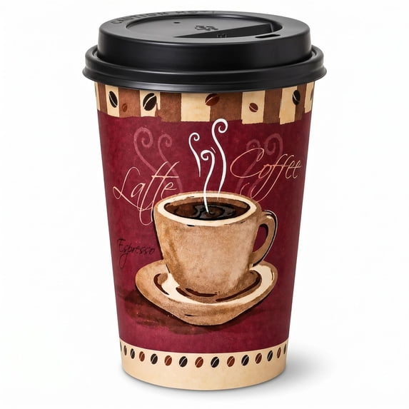VeZee 16 Oz Disposable Heaven Poly Paper Durable Hot Cup with White Hinged Tab Lids For Hot/Cold Drink, Coffee Cups, Tea, Cocoa, Travel, Hot Chocolate, Chai, Latte & Hot Soup|250CT