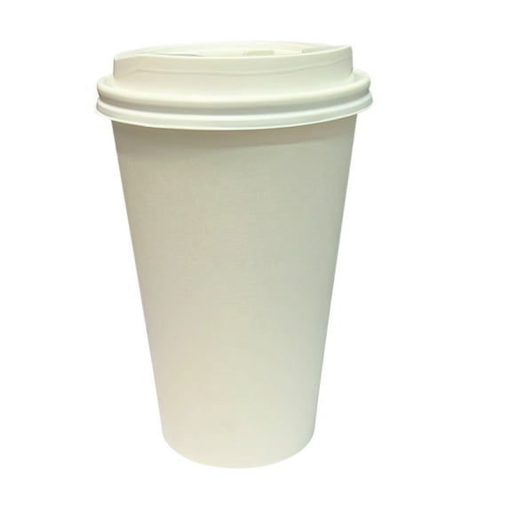 VeZee 16 Oz Disposable White Poly Paper Durable Hot Cup with White Hinged Tab Lids For Hot/Cold Drink, Coffee Cups, Tea, Cocoa, Travel, Hot Chocolate, Chai, Latte & Hot Soup|100CT