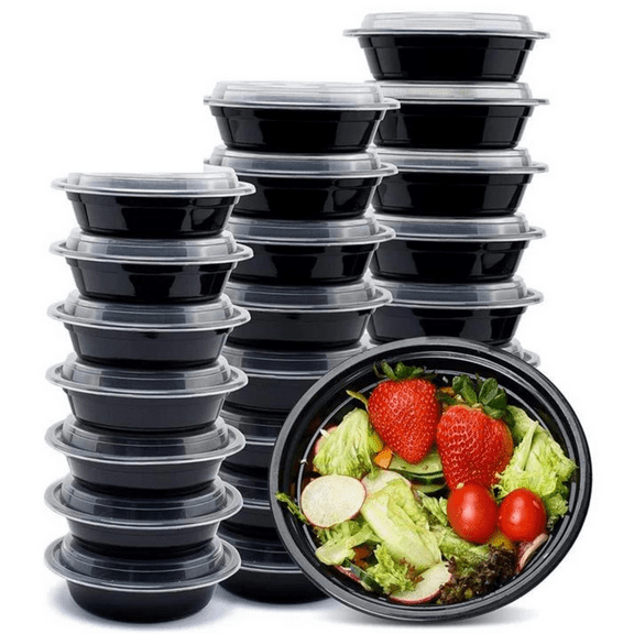 VeZee 16 oz. Black Round Plastic Meal Prep Containers with Clear Dome Lids| Bento Box, BPA Free, Stackable, Microwave/Dishwasher/Freezer Safe|30CT