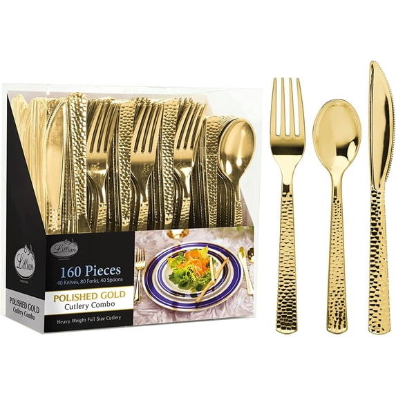 VeZee 160 Pcs Disposable Extra Heavyweight Gold Plastic Tableware.Lillan Tablesettings PACKAGE INCLUDES 80 Forks, 40 Spoons & 40 Knives |1 Pack