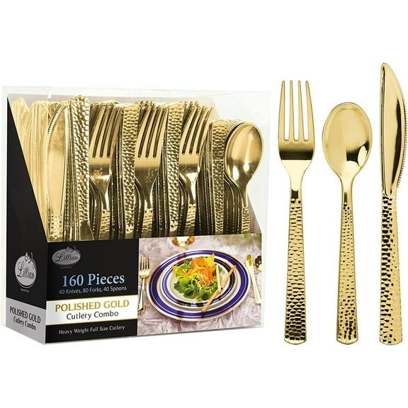 VeZee 160 Pcs Disposable Extra Heavyweight Gold Plastic Tableware.Lillan Tablesettings One Pack includes 80 Forks, 40 Spoons & 40 Knives |6 Packs