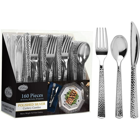 VeZee 160 Pcs Disposable Extra Heavyweight Silver Plastic Silverware.Lillan Tablesettings One Pack includes 80 Forks, 40 Spoons & 40 Knives |1 Pack