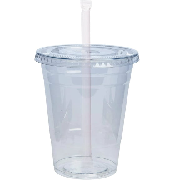 VeZee 16oz Soft BPA Free Kosher Translucent Cups with Flat Lids & Straws for All Beverages:150CT