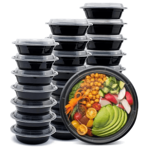 VeZee 24 oz. Black Round Plastic Meal Prep Containers with Clear Dome Lids| Bento Box, BPA Free, Stackable, Microwave/Dishwasher/Freezer Safe|100CT