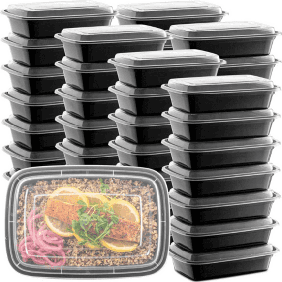 VeZee 28 oz. Black Rectangular Plastic Meal Prep Containers with Clear Dome Lids| Bento Box, BPA Free, Stackable, Microwave/Dishwasher/Freezer Safe|40CT