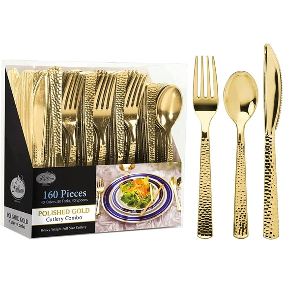 VeZee 640 Pcs Disposable Extra Heavyweight Gold Plastic Tableware.Lillan Tablesettings PACKAGE INCLUDES 320 Forks, 160 Spoons & 160 Knives |4 Packs