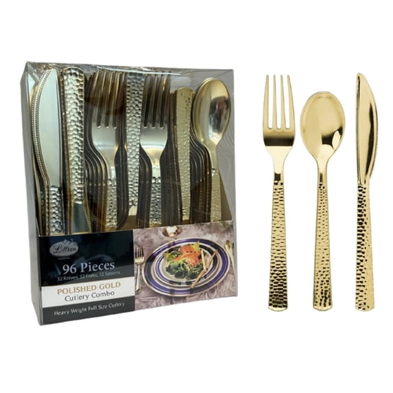 VeZee 96 Pcs Disposable Extra Heavyweight Gold Plastic Tableware.Lillan Tablesettings One Pack includes 32 Forks, 32 Spoons & 32 Knives |2 Packs