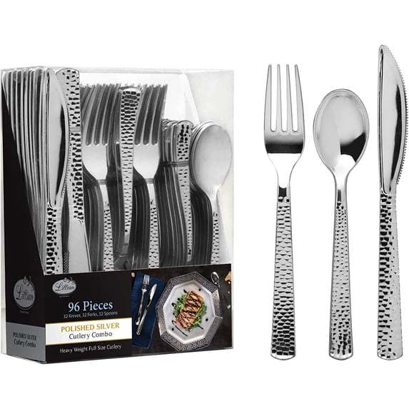 VeZee 576 Pcs Disposable Extra Heavyweight Silver Plastic Silverware.Lillan Tablesettings Package Includes 192 Forks, 192 Spoons & 192 Knives |6 Packs