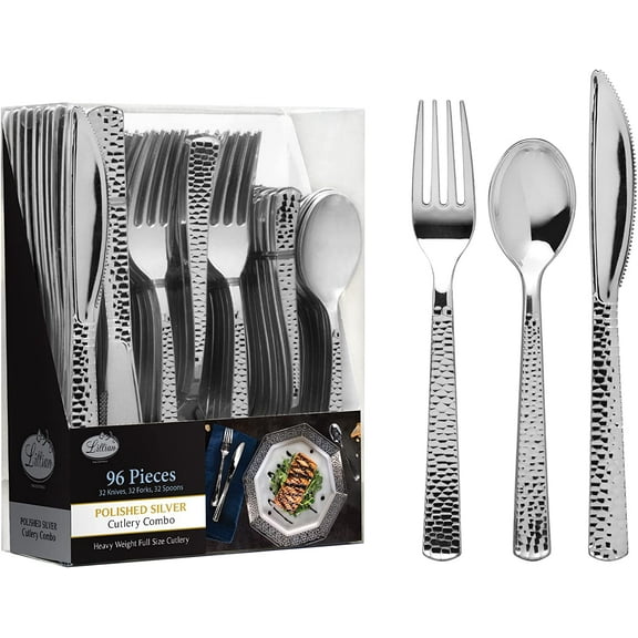 VeZee 96 Pcs Disposable Extra Heavyweight Silver Plastic Silverware.Lillan Tablesettings Package Includes 32 Forks, 32 Spoons & 32 Knives |1 Pack