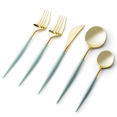 VeZee Disposable Plastic Noble Collection Shiny Gold Top/Turquoise Bottom Flatware Set Pack of 480