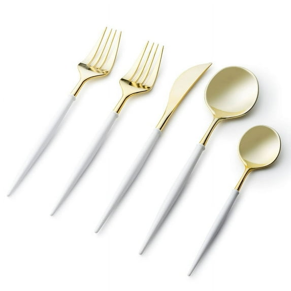 VeZee Disposable Plastic Noble Collection Shiny Gold Top/White Bottom Flatware: For Elegant Parties: Set Pack of 40