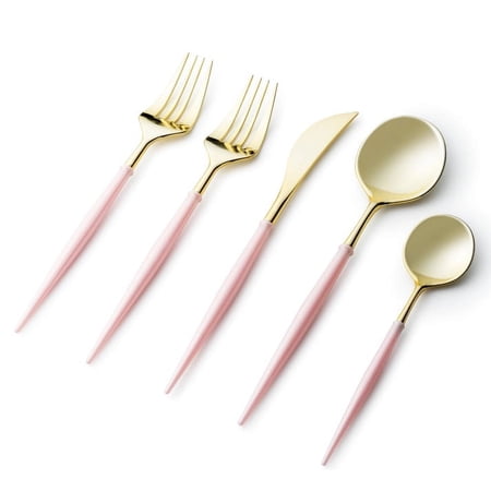 VeZee Disposable Plastic Noble Collection Shiny Gold Top/blush Pink Bottom Flatware Set Pack of 80