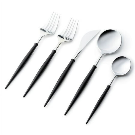 VeZee Disposable Plastic Noble Collection Shiny Silver Top/Black Bottom Flatware Set Pack of 80