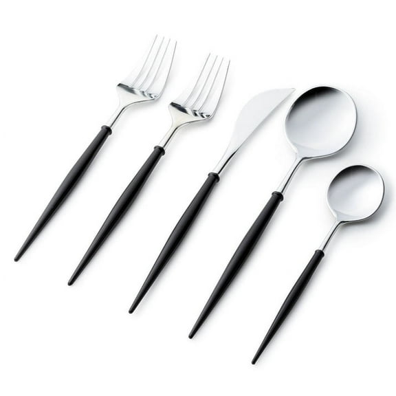 VeZee Disposable Plastic Noble Collection Shiny Silver Top/Black Bottom Flatware Set Pack of 80