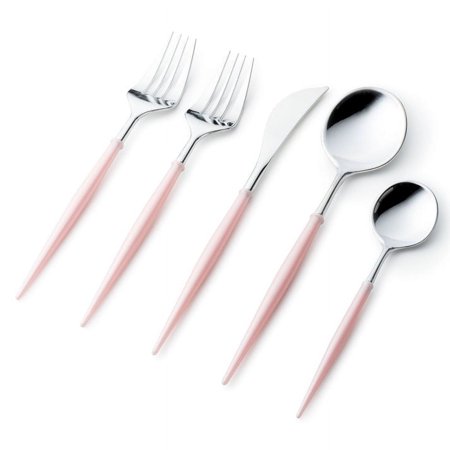 VeZee Disposable Plastic Noble Collection Shiny Silver Top/Blush Pink Bottom Flatware Set Pack of 40