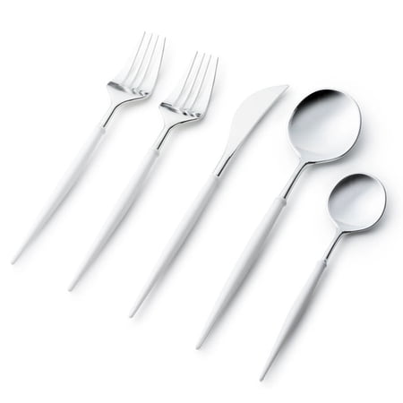 VeZee Disposable Plastic Noble Collection Shiny Silver Top/White Bottom Flatware Set Pack of 80