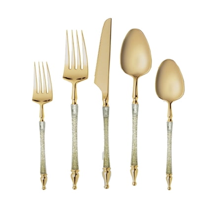 VeZee Disposable Plastic Sophisticated Cutlery Glitter Gold / Gold Top Tableware Pack of 80