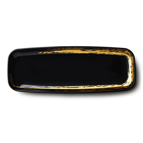 VeZee Disposable Plastic Whisk Collection Black Oval Serving Tray Gold Accent 6.5" x 17.5" Pack of 16