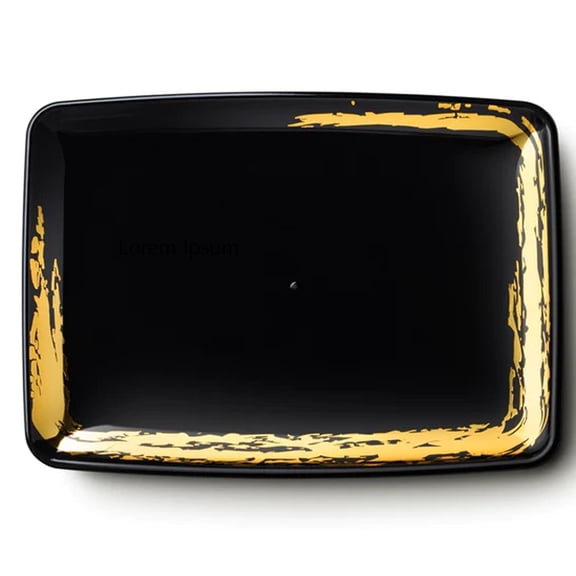 VeZee Disposable Plastic Whisk Collection Black Rectangle Serving Tray Gold Accent 8" x 11" Pack of 8