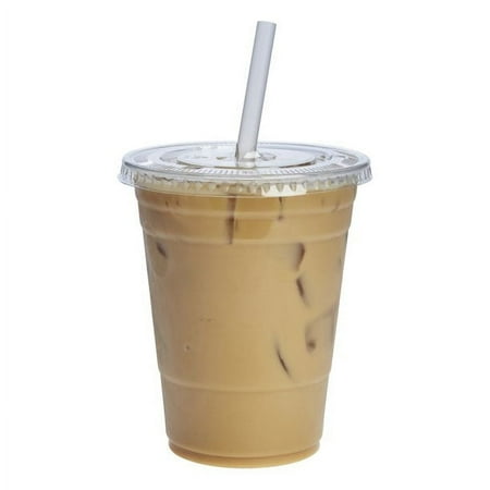 VeZee's 16 oz Clear Plastic PET Cups With Flat Lid & Straw, BPA-Free, Perfect for Iced Coffee, Smoothies, Tea, Boba - Recyclable Qty 150