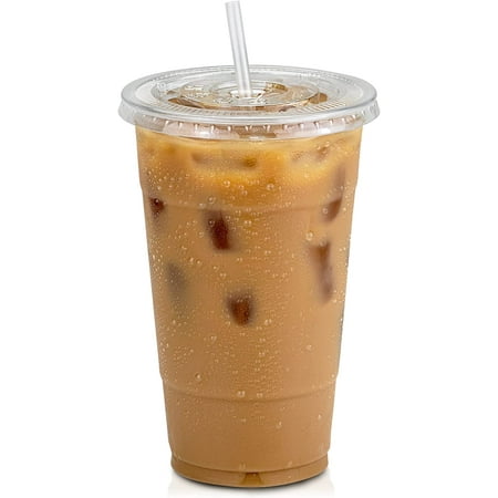 VeZee's 24 oz BPA-Free, Plastic Clear PET Cups With Flat Lid & Straw , Perfect for Iced Coffee, Smoothies, Tea, Boba - Recyclable | CT 1000