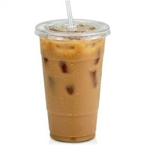 VeZee's 24 oz Clear Plastic PET Cups With Flat Lid & Straw, BPA-Free, Perfect for Iced Coffee, Smoothies, Tea, Boba - Recyclable Qty 100