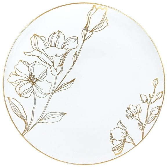 VeZee's Antique Floral Collection7.5" White with Gold Floral Disposable Plastic Salad/Dessert Plates For Weddings, & All Celebration: 30 Count