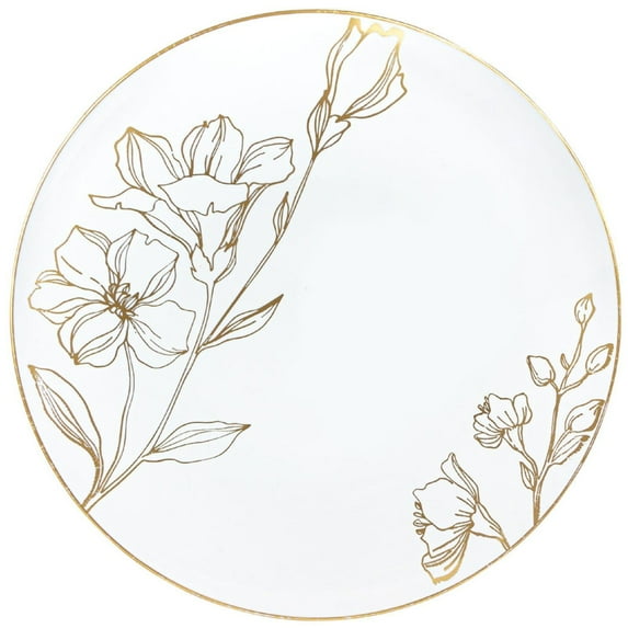 VeZee's Antique Floral Collection7.5" White with Gold Floral Disposable Plastic Salad/Dessert Plates For Weddings, & All Celebration: 600 Count