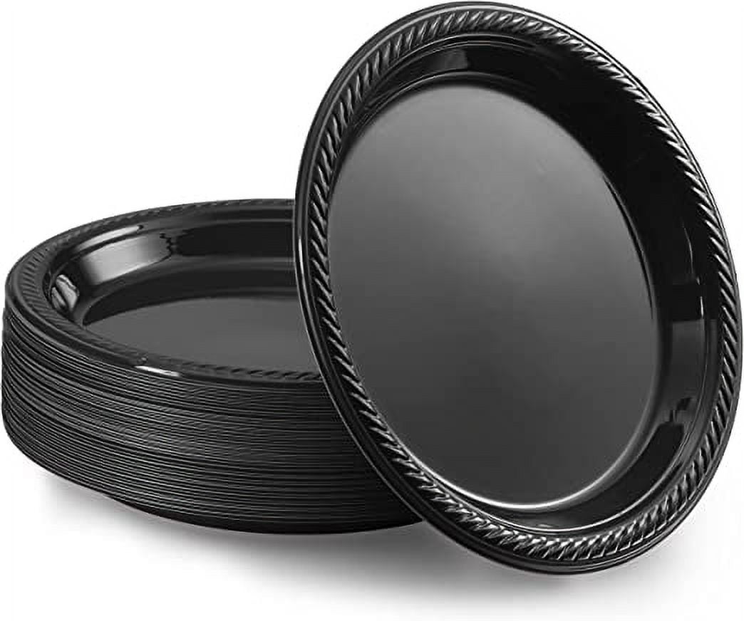 VeZee's Cuisine 9 Inches Disposable Black Plastic plates Good to use in Microwave, Best for home Parties, Restaurant, & Deli : 200 Count