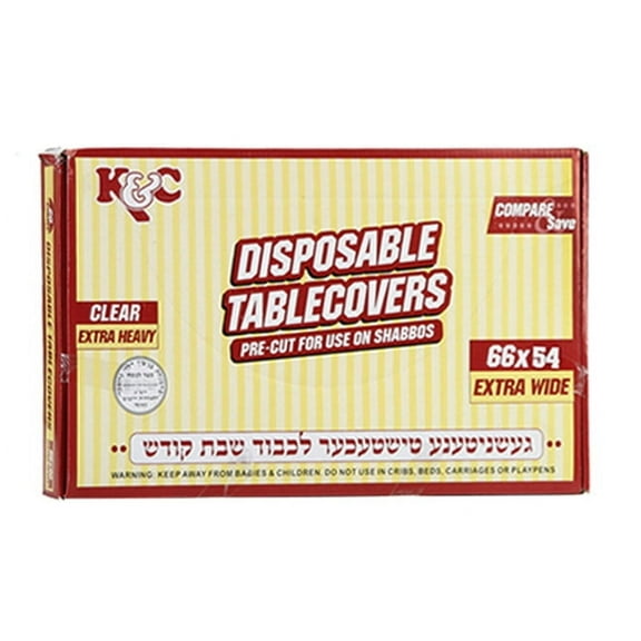 VeZee's K&C Disposable Clear Extra Heavy Table Cover or Cover Protector: Pre Cut for use on Shabbos, Great for All Occasions (66x54 - 28 Count): 28CT