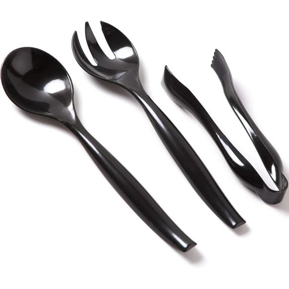VeZee's Plastic Serving Utensils, Black Heavy Duty Disposable utensil | Pcs 10" Spoons 10" Forks 6" Tongs | 3 Each in One Set| 18 Pcs