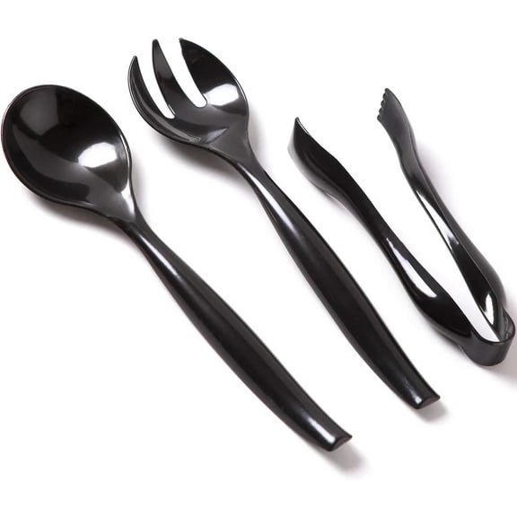 VeZee's Plastic Serving Utensils, Black Heavy Duty Disposable utensil | Set 10" Spoons 10" Forks 6" Tongs | 6 Each in One Set| 90 Count