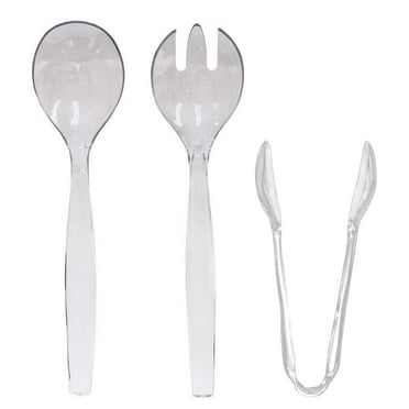 VeZee's Plastic Serving Utensils, Clear Heavy Duty Disposable utensil | Set 10" Spoons 10" Forks 6" Tongs | 3 Each in One Set| 9 Count