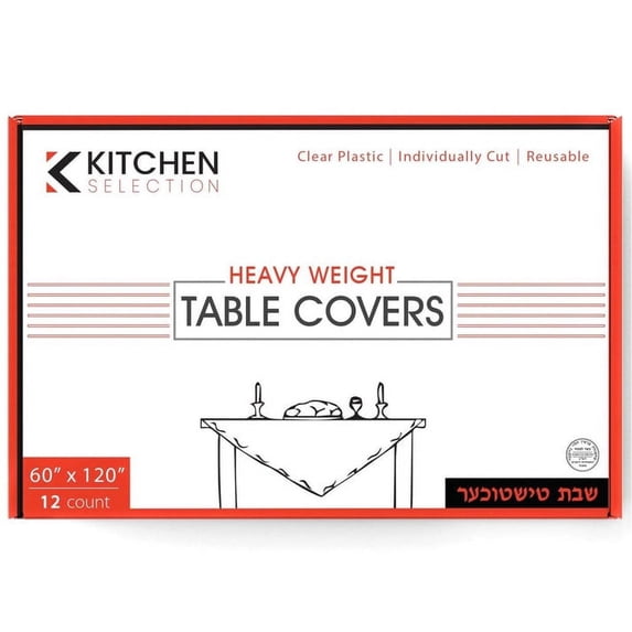 VeZee's Kitchen Selection Disposable Clear Heavy Weight Table Covers or Cover Protector: Pre Cut for use on Shabbos, Great for All Occasions (60" X 120"-12Count/Pack)-12CT