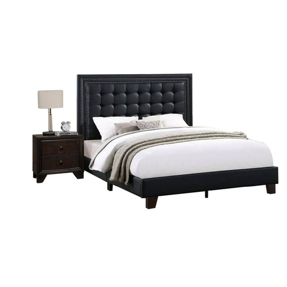 Vea Modern Platform Queen Bed Deep Tufted Upholstery Black Faux Leather