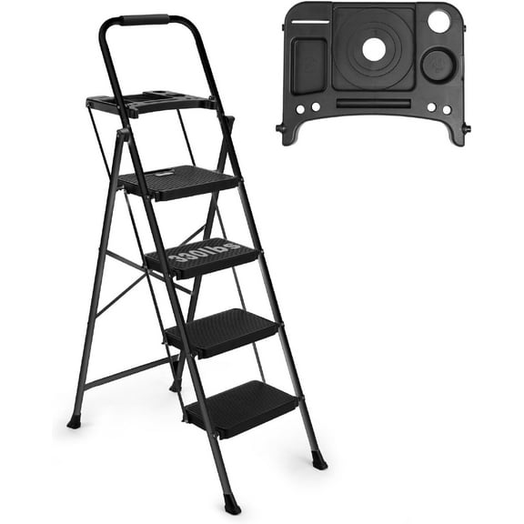 Veado 4 Step Folding Ladder with Tool Platform Non-Slip,Suitable forgarages and storage rooms,Black