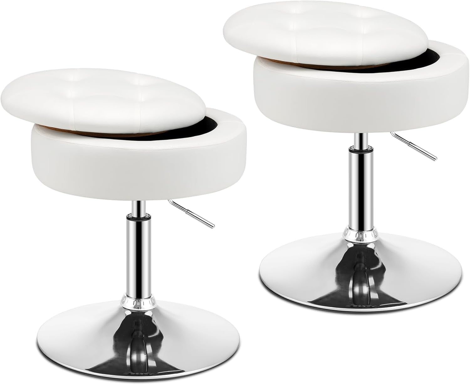 HEAH-YO Modern White Vanity Stool With Storage - Swivel Ottoman Stool With Foldable Backrest For Bedroom Or Dressing Room
