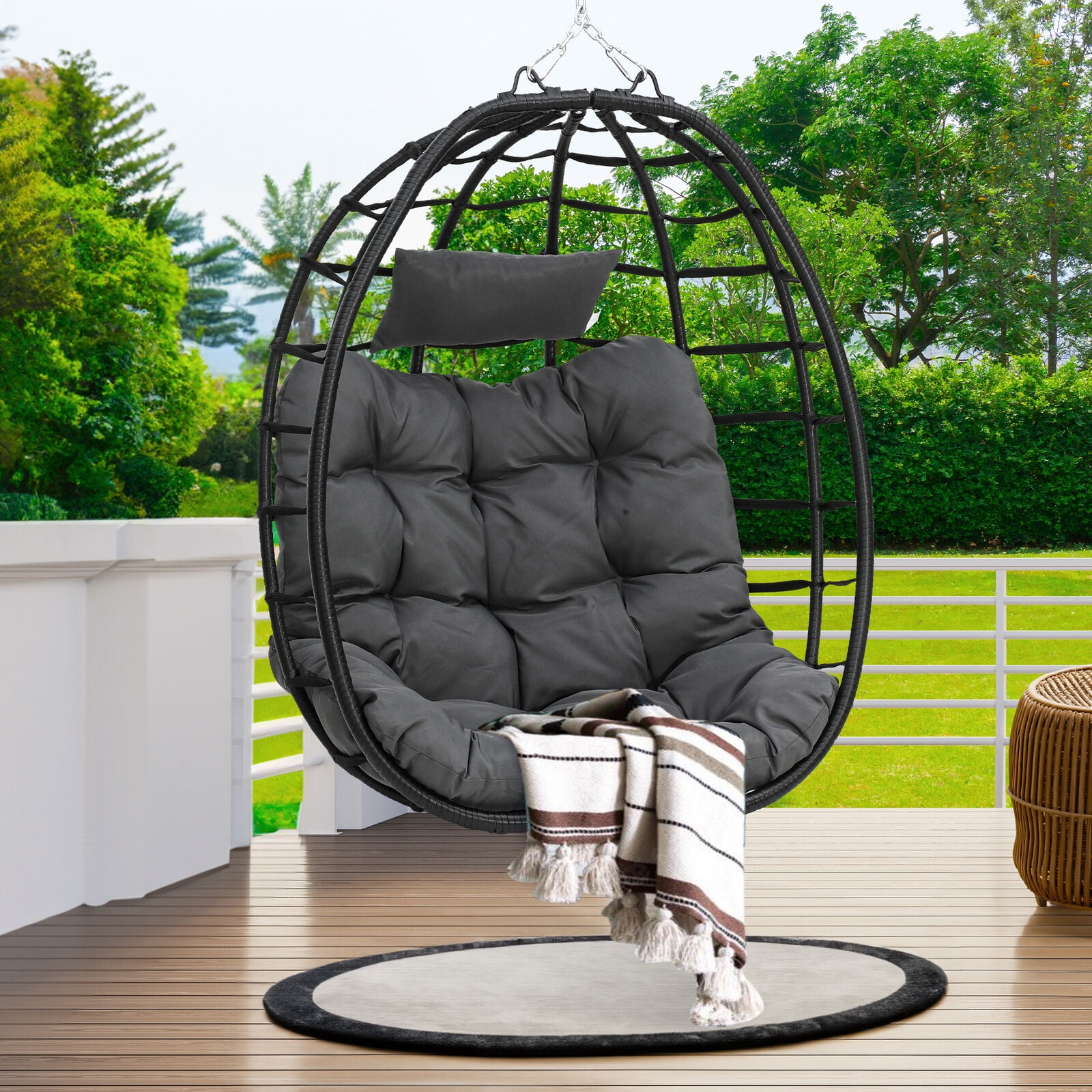 Veado Egg Hanging Swing Chair Egg Chair Wicker Hammock with Cushions 330lbs Dark GraySuitable for balcony, yard, back garden