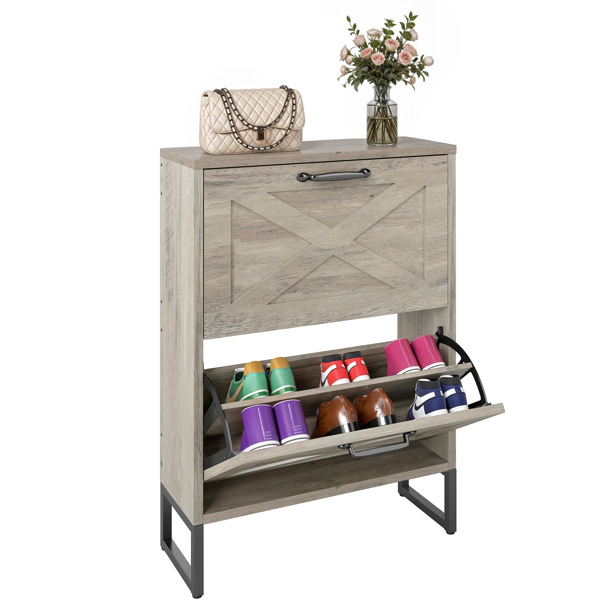 Veado Shoe Storage Cabinet Entryway, 2 Flip Drawers Freestanding Shoe ...