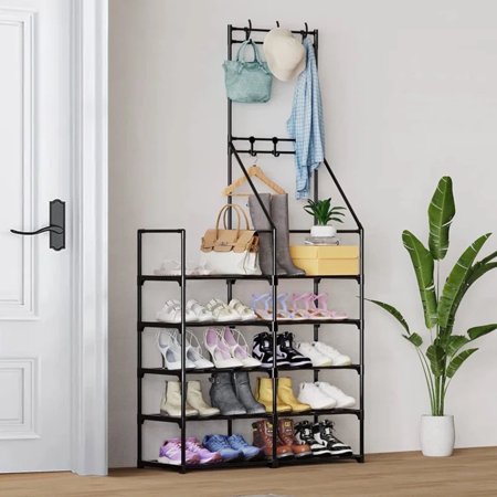 Veakar 5-Tier Shoe Storage Organizer, Freestanding Coat and Shoe Rack, Holds up to 25-30 Pairs of Shoes, Black