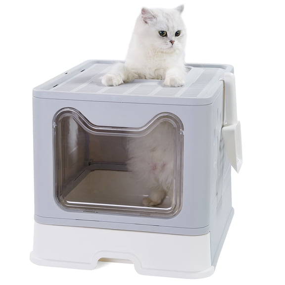 Vealind Foldable Cat Litter Box with Lid Front Entry & Top Exit XXL Extra Large Space Covered Kitty Litter Boxes Enclosure Toilet (Gray)