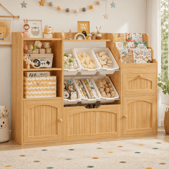 Veanerwood 55”Wood Kids Bookcase with 4-Tier Book Rack & 2 Storage Cabinets, Toy Storage Organizer with 6 Toy Bins & 2 Drawers, Natural Oak